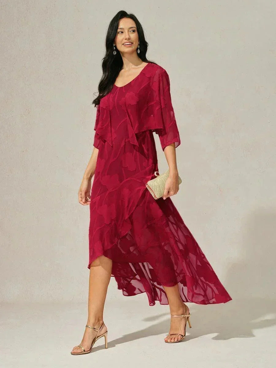 Elena | Vestido de Chifón Floral Asimétrico + Cárdigan