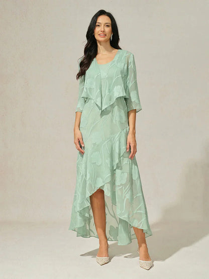 Elena | Vestido de Chifón Floral Asimétrico + Cárdigan