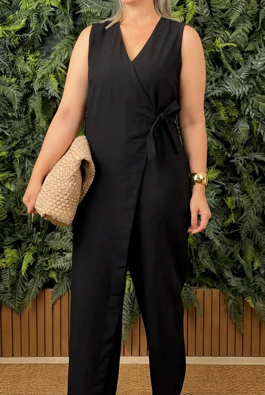 Sílvia | Mono informal monocolor con cuello de pico y lazo para mujer