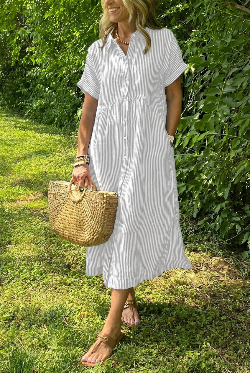 Sara™ – Vestido camisero de rayas con corte relajado y bolsillos laterales