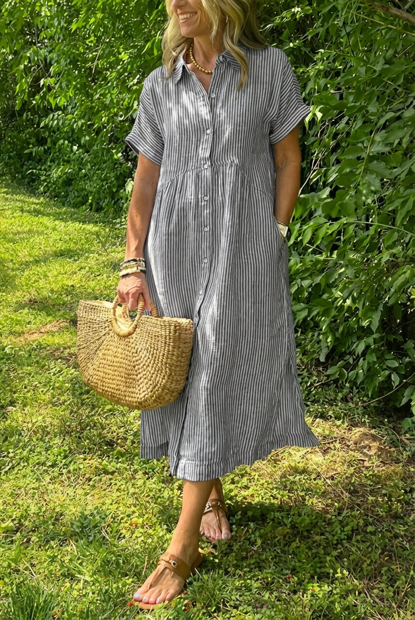 Sara™ – Vestido camisero de rayas con corte relajado y bolsillos laterales