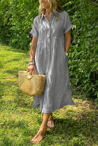 Sara™ – Vestido camisero de rayas con corte relajado y bolsillos laterales