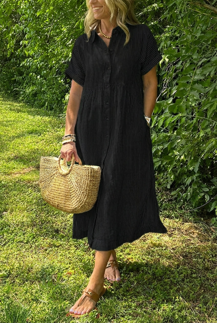 Sara™ – Vestido camisero de rayas con corte relajado y bolsillos laterales