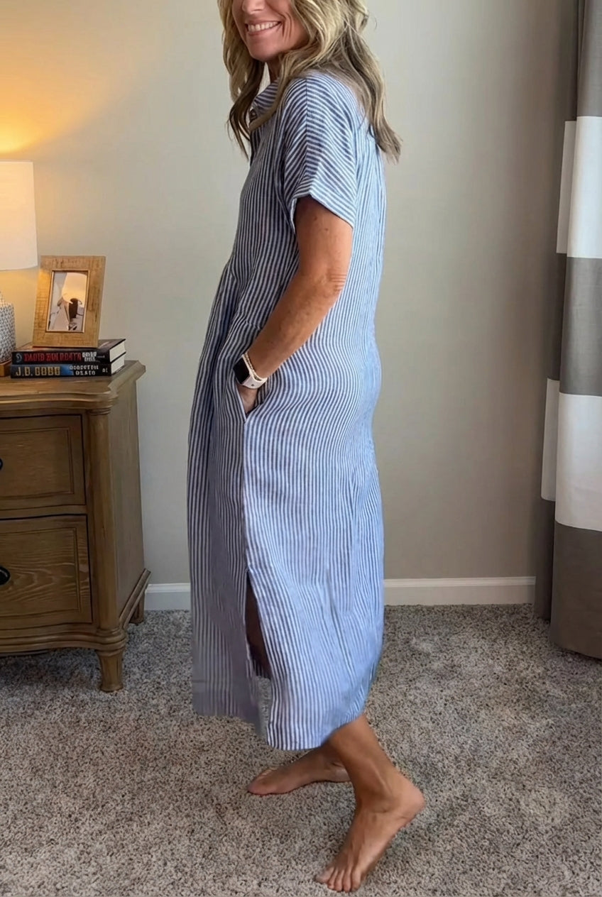 Sara™ – Vestido camisero de rayas con corte relajado y bolsillos laterales